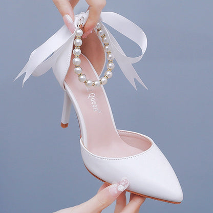 Escarpins à ruban satiné, perles décoratives, talon 7 cm