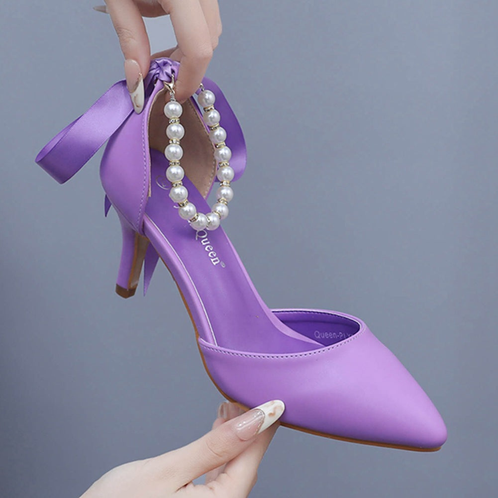 Escarpins à ruban satiné, perles décoratives, talon 7 cm