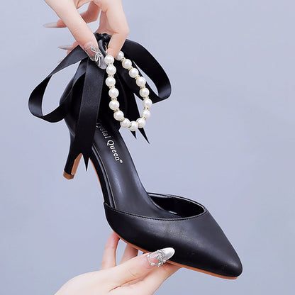 Escarpins à ruban satiné, perles décoratives, talon 7 cm